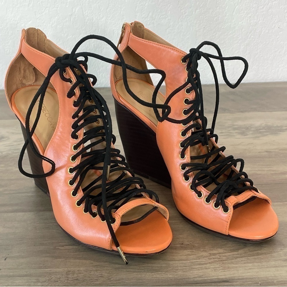 Rebecca Minkoff Peach Leather Cutout Lace Up Wedge Heels - Picture 9 of 12
